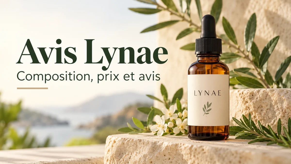 Flacon compte-gouttes Lynae, drainant lymphatique, posé sur une pierre face à la Méditerranée