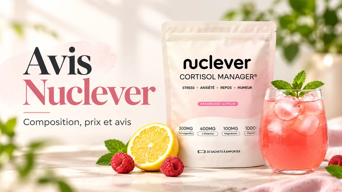Sachet Nuclever Cortisol Manager saveur framboise-citron et son verre préparé
